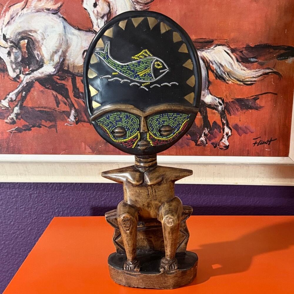 Namji Statue Wood Beaded Fish Fertility Doll African Tribal Seated Figurine